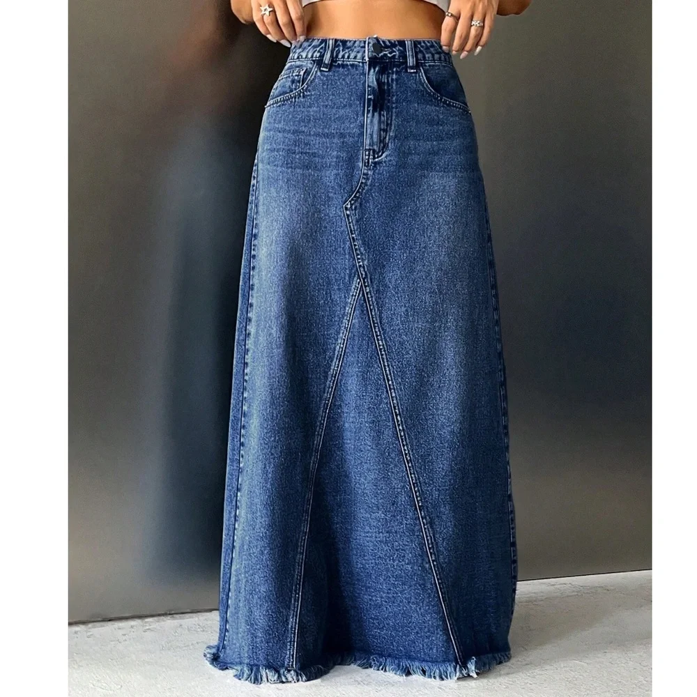 Boho medium wash Raw hem Jean Denim Pockets Maxi Skirt - Picture 4 of 5